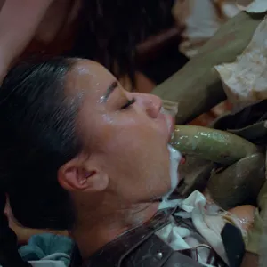 Ameena Green gags on big goblin cock