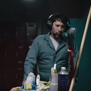 The janitor is approaching the office